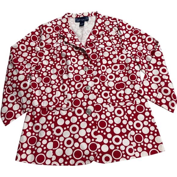 VTG Susan Graver Style Jacket Blazer Cotton Circle Print Womens Medium Red White - Picture 1 of 7